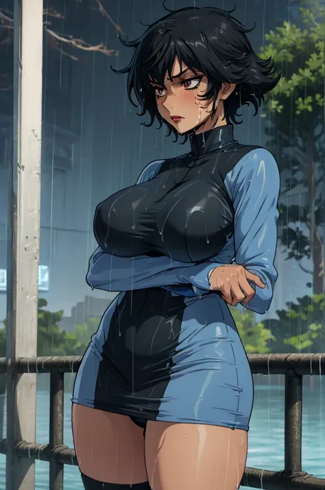 closed mouth, (20 years old), ((1girl)), ((((solo))), (((alone))), (((genderbend))), (((female))), wide hips, thick thighs, huge breast, narrow waist,  ((blue top)), ((short skin tight blue cocktail dress)), dark Streats, ((anime artstyle)), long eyelashes...