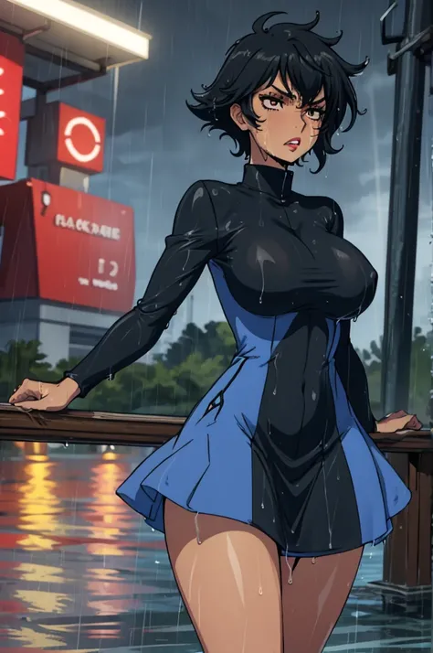 closed mouth, (20 years old), ((1girl)), ((((solo))), (((alone))), (((genderbend))), (((female))), wide hips, thick thighs, huge breast, narrow waist,  ((blue top)), ((short skin tight blue cocktail dress)), dark Streats, ((anime artstyle)), long eyelashes...