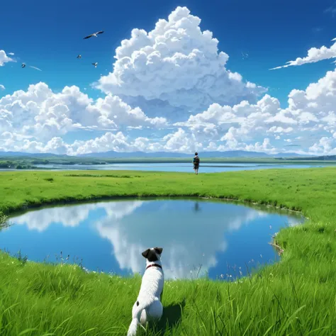 anime, anime landscape, guy looking hiking, in a grassland, creative, realist, white clouds, blue sky, landscape amazing, guy looking away from camera, wide photo, realistic grass, birds flying. lake in the middle, sky reflects in the lake, dog following
