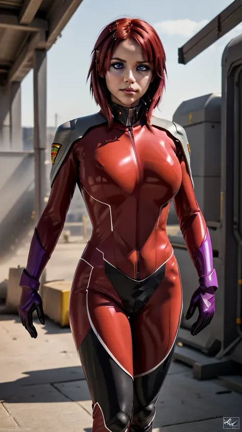 masterpiece, best quality, highres, 1girl, solo, short hair, ahoge, red hair, purple eyes, , pilot suit, gloves, cowboy shot, standing,