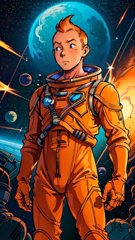 (Teens:1boy: Tintin), (extremely detailed CG unit 8k wallpaper),(master part), (best quality), (ultra detali), (best illustration),(Ringo! Style), cowboy shot, (Sharp eyeliner, ombre, detailed eyes:1),Dark space station indoors background, ,break , (astron...