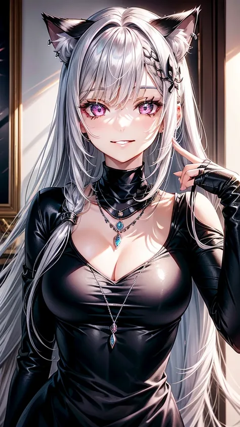 Silver hair, pink eyes, older woman, black clothes, hair jewel ornament, cat ears, necklace, long hair, smiling face, upper body