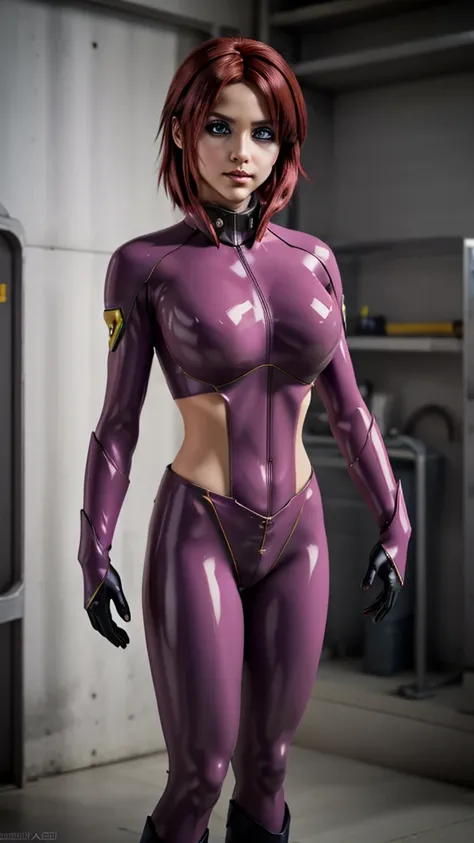 masterpiece, best quality, highres, 1girl, solo, short hair, ahoge, red hair, purple eyes, , pilot suit, gloves, cowboy shot, standing,