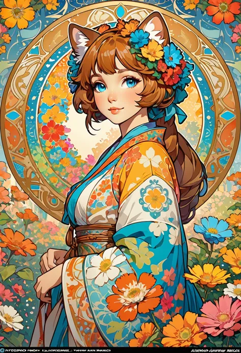 top quality, best quality, kaleidoscope, rzminjourney, vector-art, High-quality illustrations by Alfons Mucha, masterpiece(kemono, furry anthro)logo mark, round, colorful flower,