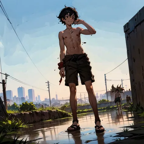 Baby boy, Full body version, Grassroots, background in city ​​sewers, black hair, short haircut, brown eyes, dirty clothes, mud on background, topless, torn shorts, sandals, poor boy , flies on body, bad smell on body, smile mouth, standing gesture, blood ...