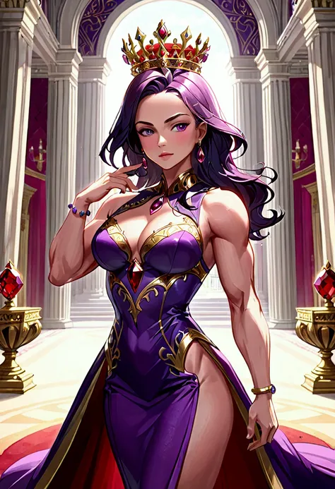 A_mighty_queen, purple_diamonds_on_cheeks, crown (muscular 1.9) purple_dress, (ruby_gems 1.1) inside_a_palace, ((powerful)) ((((masterpiece)))) large_character 