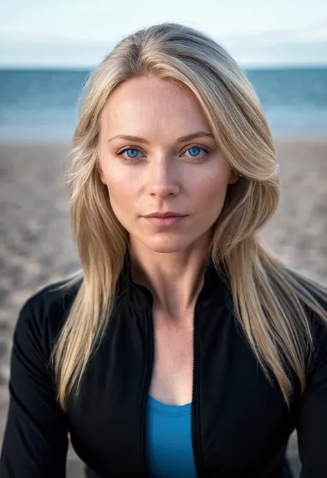 blonde woman with blue eyes and a black jacket doing yoga on the beach, soft portrait in low light, 60mm portrait, 70mm portrait, 50mm portrait, medium portrait top light, perfectly lit face, blonde swedish woman, blonde hair and large eyes, tight face por...