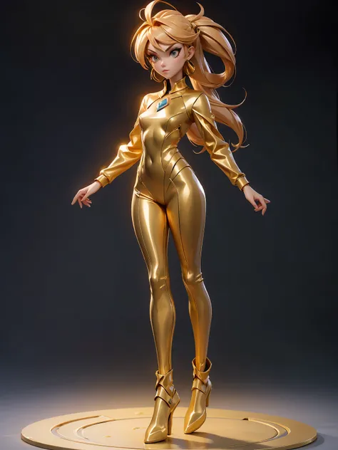 Design a layout showcase Gaming character, (1girl). Golden+Purle sleek clothes, stylish and unique, ((full_body_shot:1.4)))
