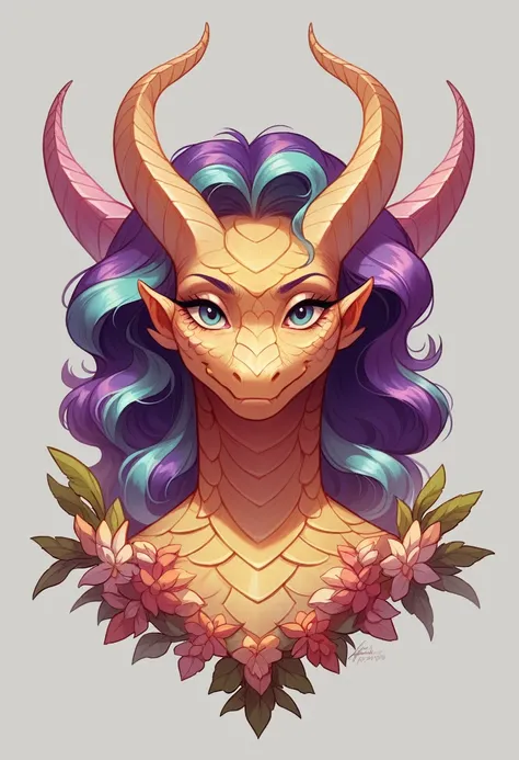 This is a highly detailed and semi-realistic fantasy image with beautiful layers of shimmer.., shimmering silks, and brilliant aesthetics. Create a beautiful and bold elderly dragon woman.. She should have intricate and graceful horns., detailed and colorf...