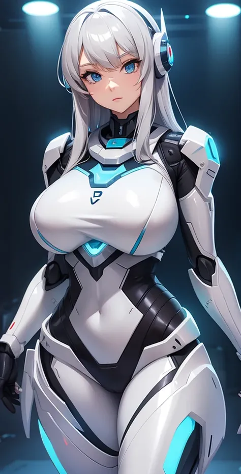 Silver colored robot girl, busty