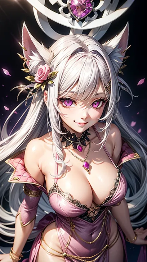 Silver hair, pink eyes, older woman, sexy clothes, hair jewel ornament, cat ears, necklace, long hair, smiling face,pink