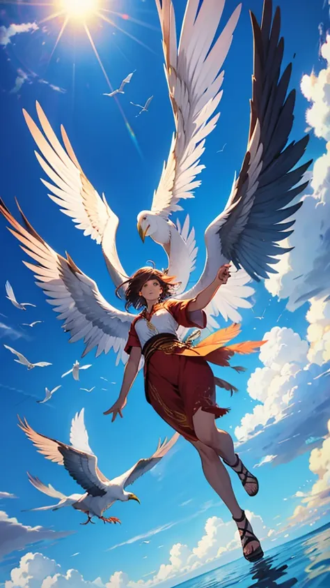 phoenix feathers floating in a blue sky