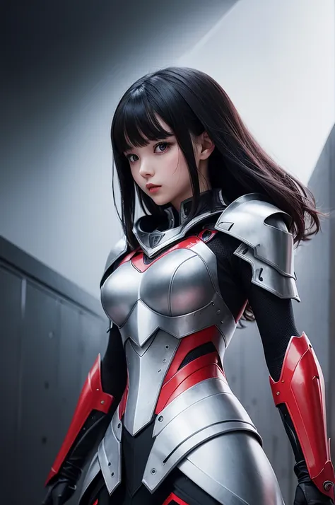 woman wearing a metal armor shaped white dress with red details, blackquality hair, 2D anime style, black backdrop