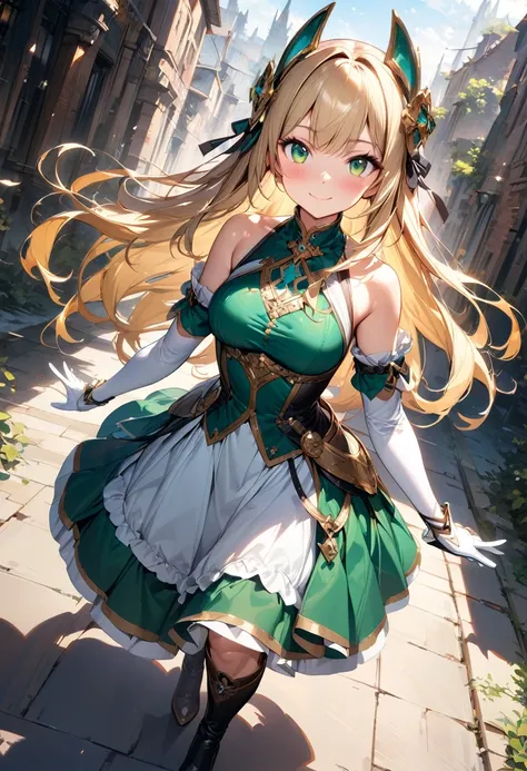 (masterpiece),(best quality),(ultra-detailed),(best illustration),(best shadow),(absurdres),(detailed background),(very aesthetic), 1girl, green-eyes, solo, gloves, blonde-hair, ((long-hair)), white-gloves, looking-at-viewer, full-body, simple-background, ...