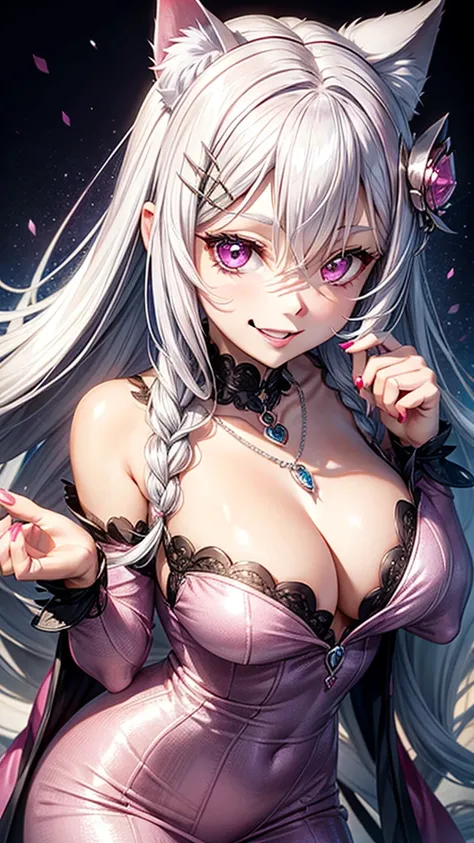 Silver hair, pink eyes, older woman, sexy clothes, hair jewel ornament, cat ears, necklace, long hair, smiling face,pink