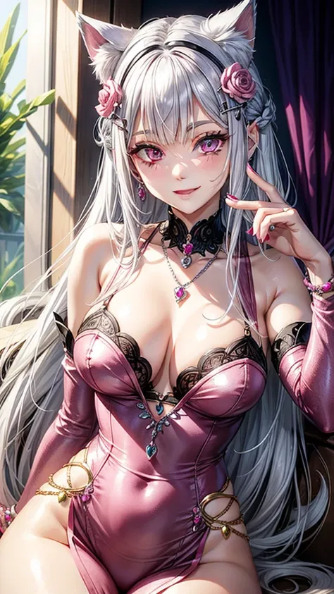 Silver hair, pink eyes, older woman, sexy clothes, hair jewel ornament, cat ears, necklace, long hair, smiling face,pink