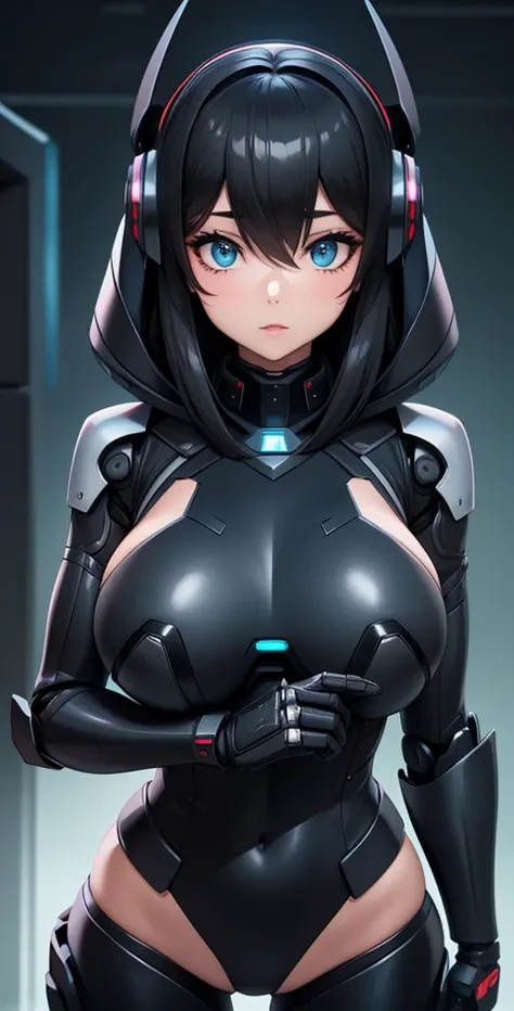 Matte black robot girl, busty