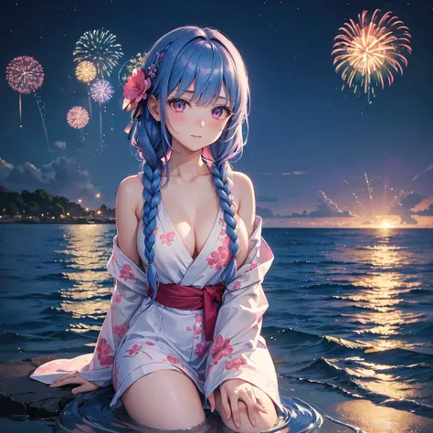 (Sky Blue Medium Hair:1.2), (Braided Hair),(Pink Eyes),Fair skin ,(whole body),(1 girl)、Floral Yukata、summer night、Extra-large fireworks filling the night sky、Huge fireworks launched from the sea、Watching the fireworks while sitting next to each other、Stra...