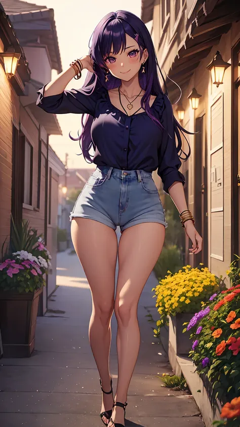 1girl, anime girl, anime, (dark skin), stylish girl, bracelet, necklace, earrings, 2d girl, 18y, (fullbody), standing, anime girl, seductive smile, (purple hair), flowing hair, hair flowing in the wind, ((darkblue blouse)), Solo, Slim, Big Breasts, Tight S...