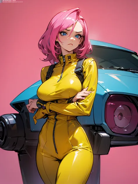 Mature woman with serious look, Facial Focus, big pink hair, shining blue eyes, wearing a mustard yellow jumpsuit, breasts big, looking 35 years old, eye on the spectator, look to the camera, , the background is a cyberpunk battlefield, Free hands, thick-t...