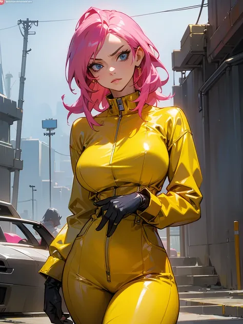 Mature woman with serious look, Facial Focus, big pink hair, shining blue eyes, wearing a mustard yellow jumpsuit, breasts big, looking 35 years old, eye on the spectator, look to the camera, , the background is a cyberpunk battlefield, Free hands, thick-t...