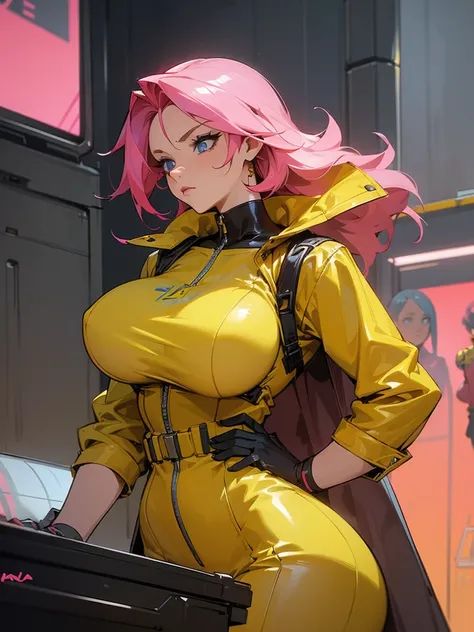 Mature woman with serious look, Facial Focus, big pink hair, shining blue eyes, wearing a mustard yellow jumpsuit, breasts big, looking 35 years old, eye on the spectator, look to the camera, , the background is a cyberpunk battlefield, Free hands, thick-t...