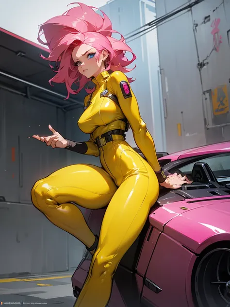 Mature woman with serious look, Facial Focus, big pink hair, shining blue eyes, wearing a mustard yellow jumpsuit, breasts big, looking 35 years old, eye on the spectator, look to the camera, , the background is a cyberpunk battlefield, Free hands, thick-t...