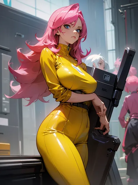 Mature woman with serious look, Facial Focus, big pink hair, shining blue eyes, wearing a mustard yellow jumpsuit, breasts big, looking 35 years old, eye on the spectator, look to the camera, , the background is a cyberpunk battlefield, Free hands, thick-t...