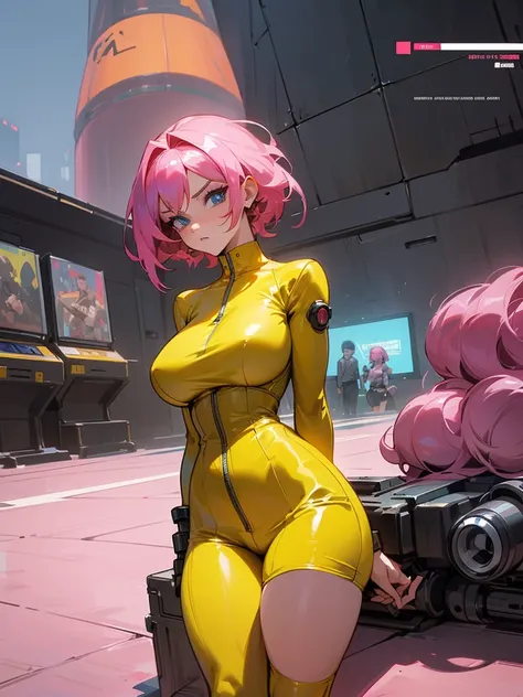 Mature woman with serious look, Facial Focus, big pink hair, shining blue eyes, wearing a mustard yellow jumpsuit, breasts big, looking 35 years old, eye on the spectator, look to the camera, , the background is a cyberpunk battlefield, Free hands, thick-t...