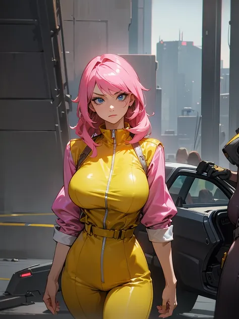 Mature woman with serious look, Facial Focus, big pink hair, shining blue eyes, wearing a mustard yellow jumpsuit, breasts big, looking 35 years old, eye on the spectator, look to the camera, , the background is a cyberpunk battlefield, Free hands, thick-t...