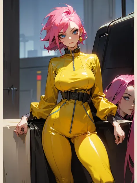 Mature woman with serious look, Facial Focus, big pink hair, shining blue eyes, wearing a mustard yellow jumpsuit, breasts big, looking 35 years old, eye on the spectator, look to the camera, , the background is a cyberpunk battlefield, Free hands, thick-t...