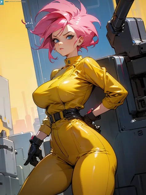 Mature woman with serious look, Facial Focus, big pink hair, shining blue eyes, wearing a mustard yellow jumpsuit, breasts big, looking 35 years old, eye on the spectator, look to the camera, , the background is a cyberpunk battlefield, Free hands, thick-t...