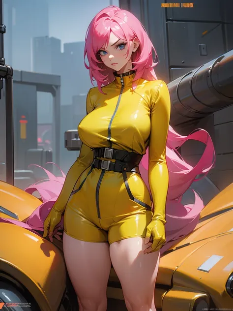 Mature woman with serious look, Facial Focus, big pink hair, shining blue eyes, wearing a mustard yellow jumpsuit, breasts big, looking 35 years old, eye on the spectator, look to the camera, , the background is a cyberpunk battlefield, Free hands, thick-t...