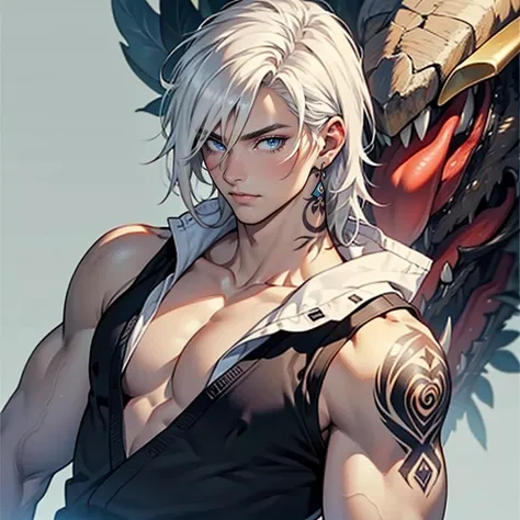 ((masterpiece)), (((best quality))), solo, 1 male, pale white skin, white hair, shoulder-length hair, straight hair, handsome young man, blue eyes, lean, tall, slender, detailed background of a japanese village, black tank top, intricate tattoos on both ar...