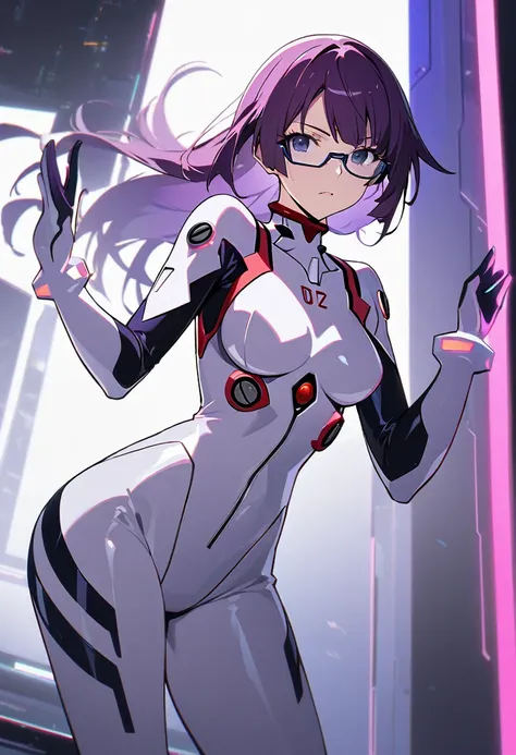 1girl, Senjougahara Hitagi,large breast, monogatari (series), masterpiece, best quality, absurdres, futuristic ambient lighting, techno minimalism style, cutting-edge minimal fashion, sleek futuristic pose, high-tech minimalist setting, purple hair clothin...