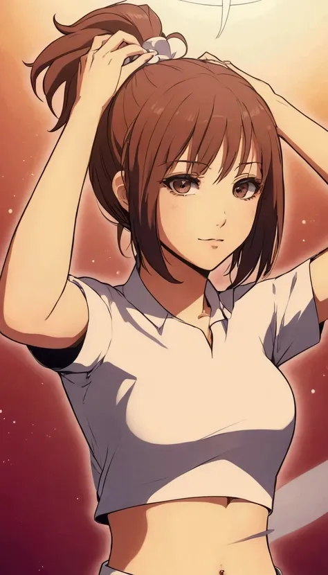 arafed image of a woman with a ponytail in a white shirt, female protagonist 👀 :8, makoto shinka, sayori, makoto, seductive anime girl, gapmoe yandere, iwakura lain, female anime character, inspired by Li Shida, kusanagi, sui ishida art manga