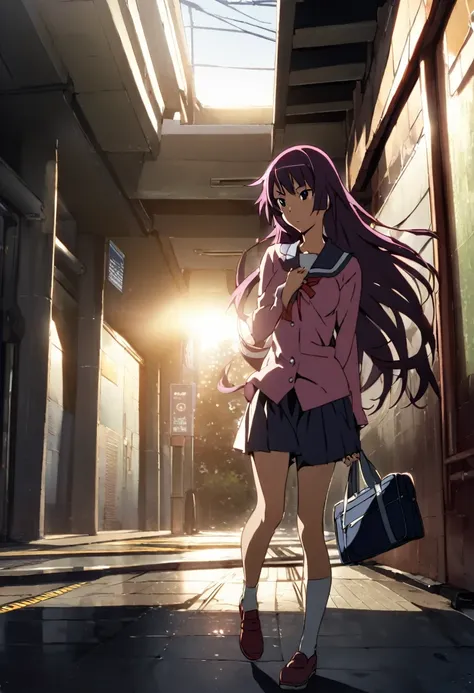 "1girl, senjougahara hitagi, monogatari (series), backlight, long hair flowing, early morning, masterpiece, best quality, absurdres, subway station entrance, sunbeams cutting through underground passage, mix of artificial and natural light, school bag, rus...