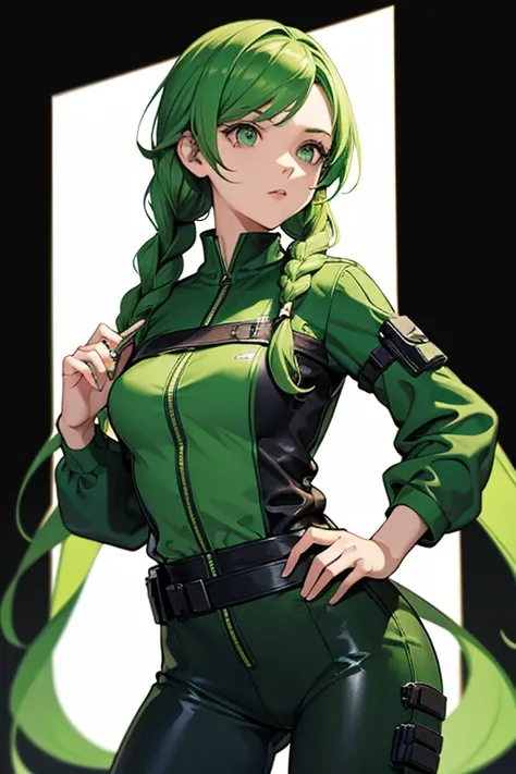 Free fire gamer style female character. With hair with two braids. In a green outfit with black background