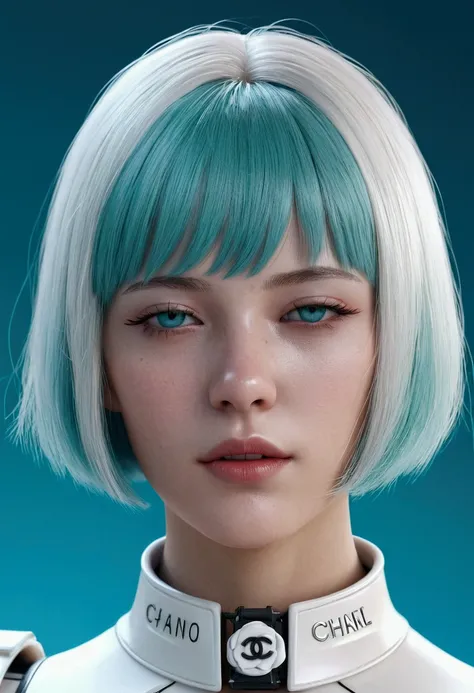 frutgier aero, girl ,bobcut, bangs, chanel haircut,cyan,white , realistic, good render,portrait,cyborg,white hair,white lipstick,closed eyes,front view