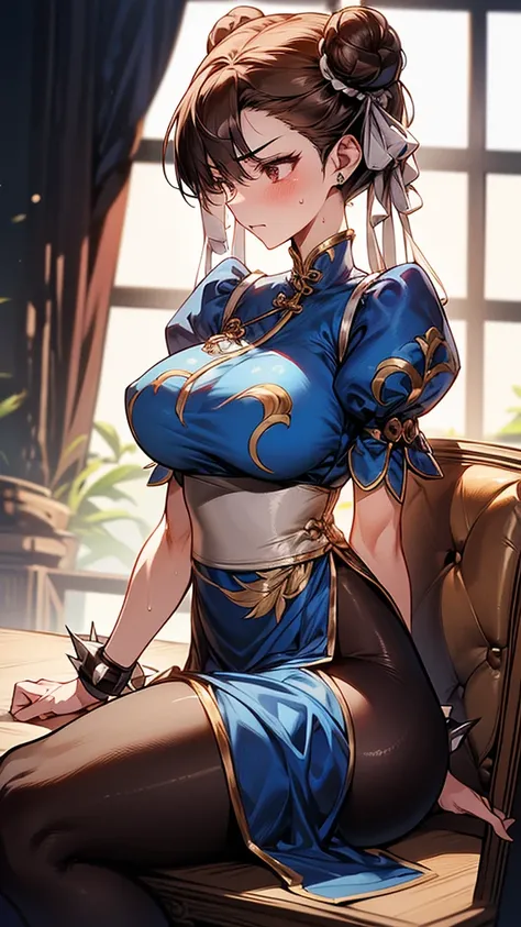 {{masterpiece}}, {{{Highest quality}}},{{Very detailed}},sf2 to,Chunli,Sitting in a chair in an office with a serious expression,profile,from side,Cowboy Shot,Focus on legs｛{{Sitting in a chair in an office with a serious expression成熟した女性}}｝,{{疲労でSweatをかいて...