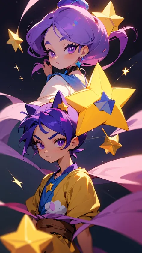 toddler, estilo chivi, with purple hair, cat hat with a star in the middle, light brown skin, purple eyes, long eyelashes, animated style, aladdin style clothing, star powers, like Sandy from Brawlstars, be anime style, let it be a boy, adorable , He looks...