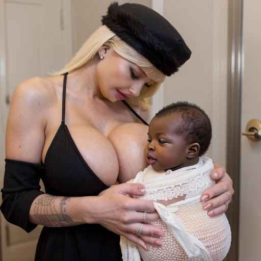 Big white bimbo and a little black newborn baby... 