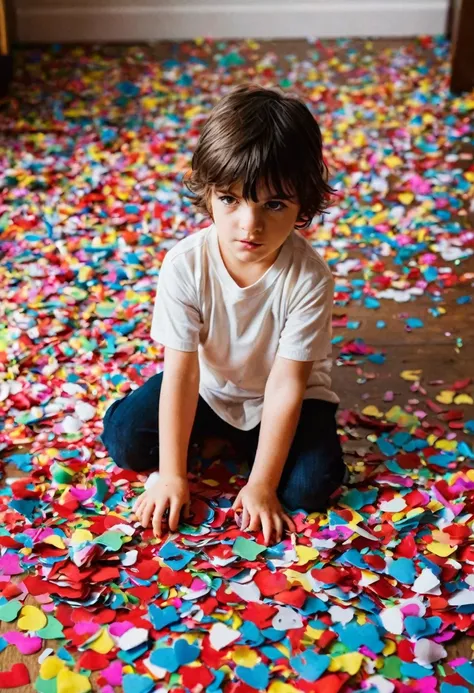 The wronged children are all on the pieces of paper，torn confetti，Room full of confetti，Regrettable expression((A Journey of Love and Acceptance))