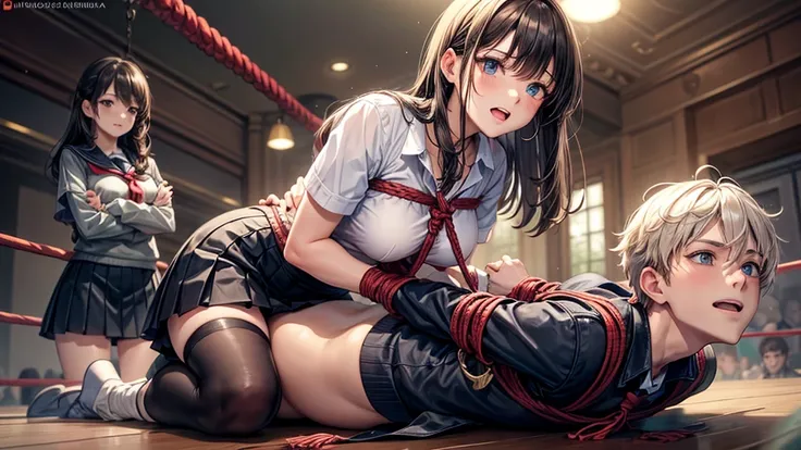 (1 boy, 1 girl), a teenager in mixed bondage wrestling with a teenager, they are about the same age, the schoolgirl wears a red pleated skirt and a black sweater, the girl has a slightly smaller head than the boy, the girl has shoulder length hair, the boy...