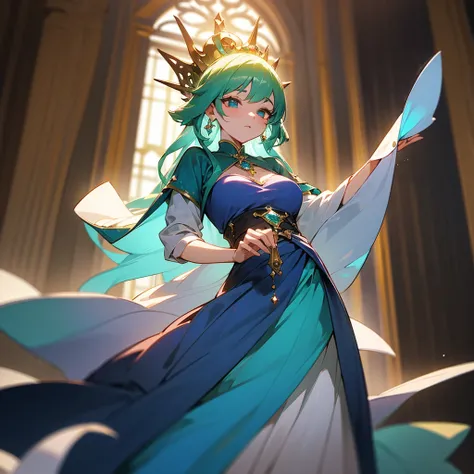 high resolution、Princess of the Emerald Kingdom。Neat and clean、There is an air of adult elegance、With emerald tiara、Gorgeous emerald necklace、Luxurious blue dress、Fantasy、like medieval europe。