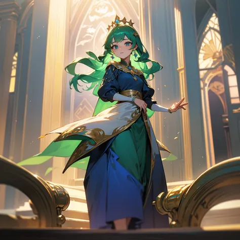 high resolution、Princess of the Emerald Kingdom。Neat and clean、There is an air of adult elegance、With emerald tiara、Gorgeous emerald necklace、Luxurious blue dress、Fantasy、like medieval europe。