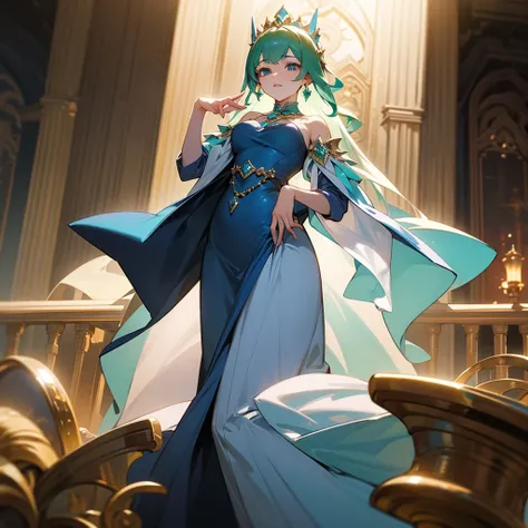 high resolution、Princess of the Emerald Kingdom。Neat and clean、There is an air of adult elegance、With emerald tiara、Gorgeous emerald necklace、Luxurious blue dress、Fantasy、like medieval europe。