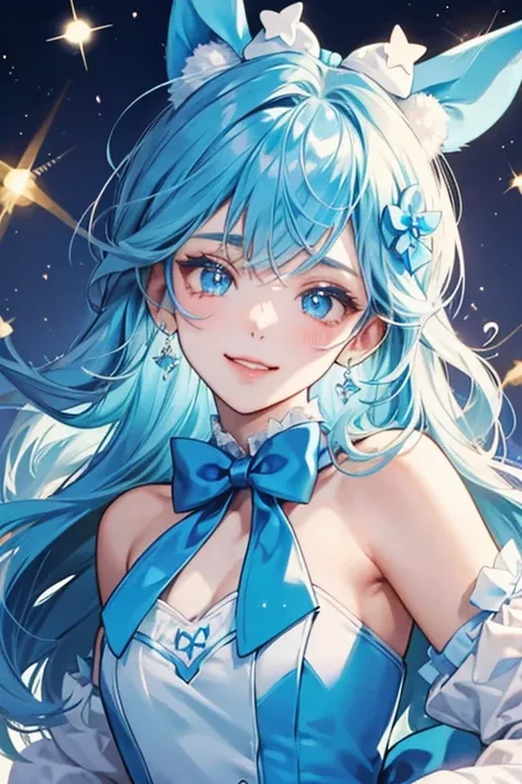 A glittering, blue marshmallow girl bunny Num with a winking face. Part of her ear appears to be melting, ands he wears a matching blue bow SPARKLE; GLITTER