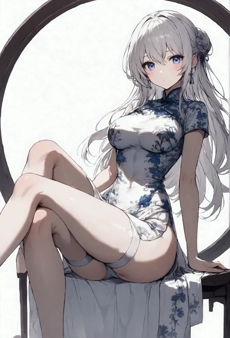 Draw a silver-haired Russian anime girl with medium-large breasts, a small waist, big, long legs and big, pretty buttocks