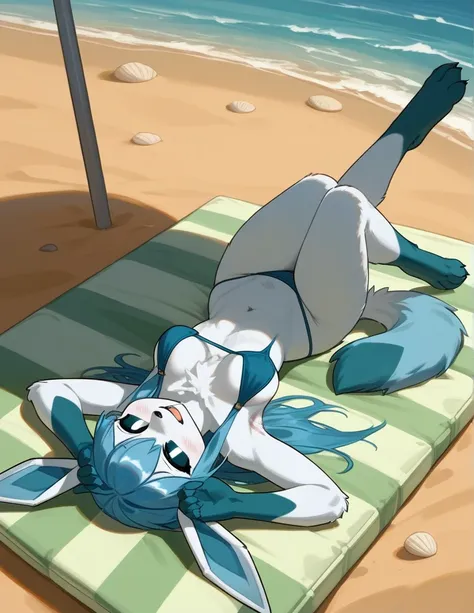 alone, score_9,score_8_up,score_7_up,(fluffy anthro furry :1.3),  Best quality,best resolution,(fluffy anthro fluffy :1.3), (Solo) anthropomorphic furry female Glaceon, buxom breasts, long blue hair, white eyes, blue sklera, lying on an air mattress, cryst...